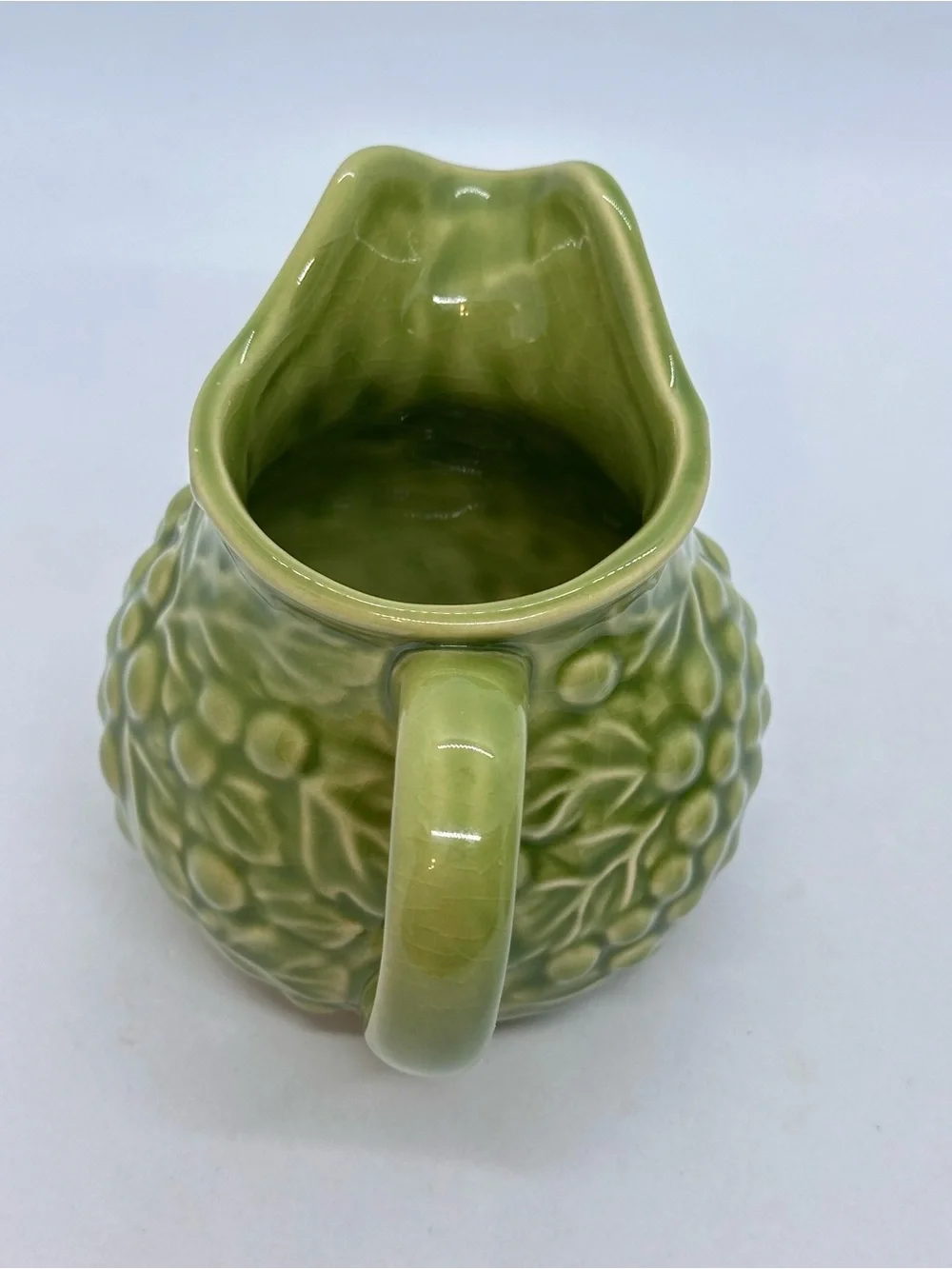 Vintage Green Grape Vine Ceramic Sugar Bowl with Lid and Creamer Set*Has Crazing